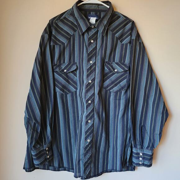 Vintage Wrangler Long Sleeve Shirt Mens Sixe 3X Button Up Pearl Snap Black Blue - Picture 1 of 9